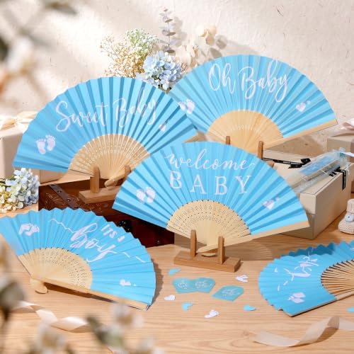 Threehoney 50 Sets Baby Shower Favors 5 Styles Bamboo Paper Hand Fans,Blue - Image 5