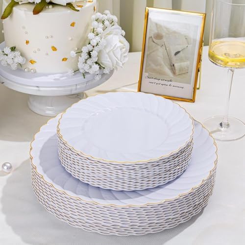 U-QE 60 Pcs White Plastic Plates with Gold Rim – Fancy Scalloped Plates - Image 6