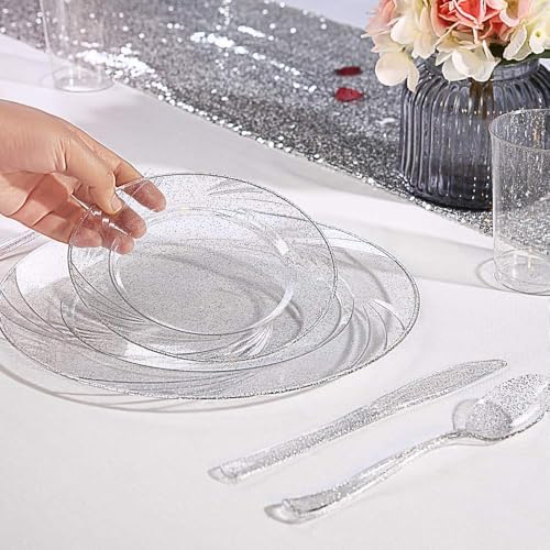 WDF 150pcs Silver Plastic Plates Disposable - Winter Wonderland Party Decorations include 50 Dinner And Salad Plates,25 Forks, 25 Knives, 25 Spoons& 10oz Plastic Cups - Image 2