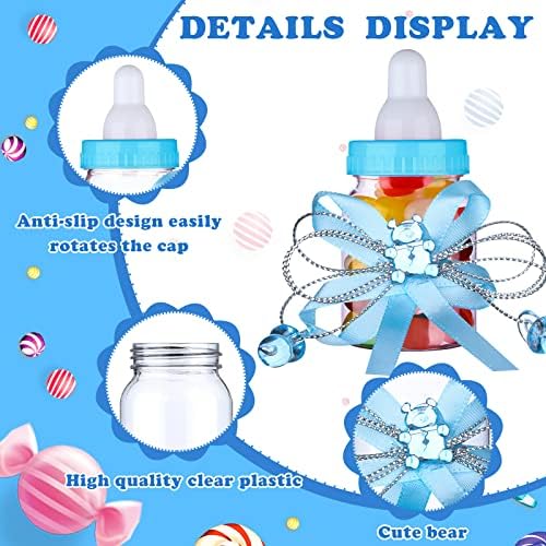 62 Pcs 3.5 Inch Baby Mini Milk Bottle Baby Shower Favor with 500 Adhesive Thank You for Showering Stickers, Small Plastic Bear Candy Bottle with Ribbon for Boy Girl Newborn Baptism Party Decor (Blue) - Image 3