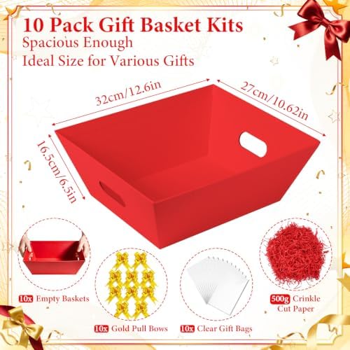 EVELOMO 10 Pack Empty Gift Baskets to Fill - 12" x 10" Large Baskets for Gifts Empty, Sturdy DIY Gifts Baskets Sets with 500g Crinkle Cut Papers for Birthdays Weddings Parties and Holidays (Red) - Image 3