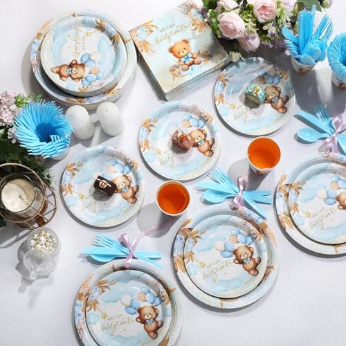 Ziliny 350 Pcs Bear Baby Shower Party Supplies We Can Bearly Wait Paper Plates Napkins Cups and Plastic Cutlery Party Tableware Set for Bear Baby Shower Birthday Decorations, Serves 50 - Image 5