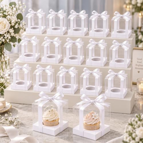 Gerrii 100 Pcs Clear Plastic Individual Cupcake Boxes 3.5" Single Cupcake Containers Transparent Ornament Gift Box with Inserts and Ribbon for Wedding Baby Shower Party Favor(White) by Gerrii