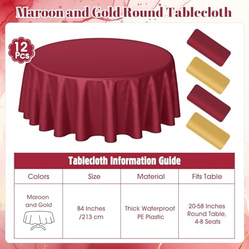 Buryeah 12 Pcs Burgundy and Gold Plastic Table Cloth 84 Inch Maroon and Gold Round Waterproof Disposable Tablecloth Circle Table Covers for Graduation Bridal Wedding Birthday Party - Image 2