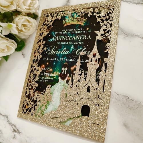 20PCS Castle Pocket Invitations, Quinceanera Invitations with Envelopes, Princess Invitation, Laser Cut quince invites (glitter light gold) - Image 3