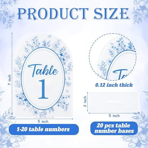 Blue Toile Themed Wedding Acrylic Table Number 1-20 with 20Pcs Stands, 5"x7" Blue Floral Place Card Centerpiece Decor Indoor Outdoor Wedding Bridal Shower Anniversary Party Reception - Image 4