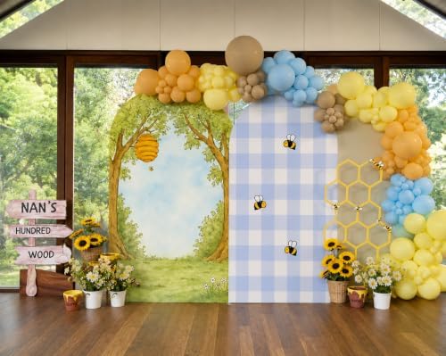 Set of 2 Little Honey Arch Backdrop Cover 2PCS Honey Bee Baby Shower Spandex Arch Covers Blue Gingham Gender Reveal Birthday Party Decoration (Woodland,7.2FT & 6.6FT) - Image 5