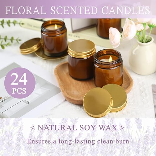 24 Pcs 4 Oz Mason Jar Candles, Lavender Scented Soy Candles Bulk Set for Stress Relief and Relaxation, Great Favors for Wedding, Christmas, Housewarming Gifts (Gold,Amber Glass, Lavender, 24) - Image 3