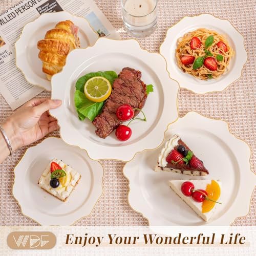 WDF 200PCS Ivory Plastic Plates with Gold Rim - Cream Plastic Plates - Include 100 Dinner & 100 Dessert Fancy Disposable Plate for Party - Heavy Duty Plate for Wedding/Baby Shower - Image 5