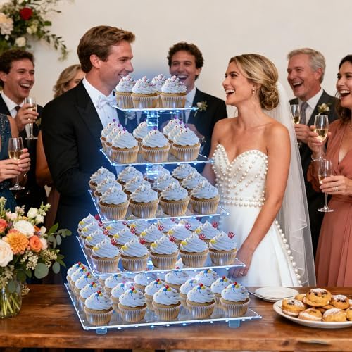 YestBuy 5 Tier Cupcake Stand Acrylic Cupcake Tower Display with LED Light Premium Cupcake Holder Dessert Tree Tower for Birthday Cady Bar Party Décor Weddings, Birthday Parties Events (Blue Light) - Image 4