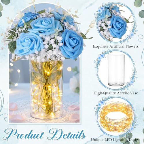 Domensi Set of 6 LED Lighted Floral Table Centerpieces, Faux Roses, Eucalyptus & Baby's Breath in Acrylic Vase, Glowing Rustic Wedding Decor for Bridal Shower, Party & Dining Table(Blue) - Image 3