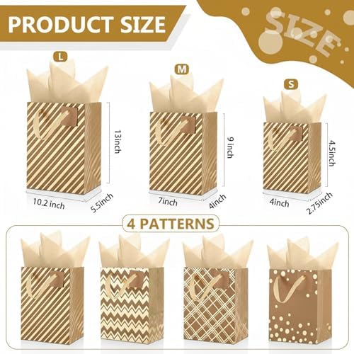 Tenare 24 Pcs Metallic Gold Gift Bags Bulk with Handle and 24 Tissue Paper Gold Foil Gift Bag for for Graduation Wedding Groomsmen Bridal Baby Shower Gifts Holiday Party Favors 3 Size 4.5’’ 9’’ 13’’ - Image 2