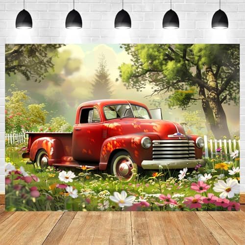 10x8ft Spring Backdrop Garden Red Truck Photography Background Colorful Flowers Green Grass Forest Natural Scenery Easter Banner Decorations Birthday Baby Shower Portrait Photo Booth Prop - Image 2