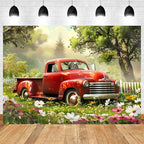 15x10ft Spring Backdrop Garden Red Truck Photography Background Colorful Flowers Green Grass Forest Natural Scenery Easter Banner Decorations Birthday Baby Shower Portrait Photo Booth Prop - Image 2