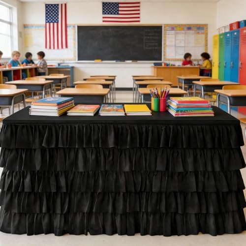 Pufogu Black Tulle Table Skirt 9ft Tutu Ruffled Chiffon Tablecloth For Rectangle Wedding Baby Shower Girls Birthday Party and Cake Dessert Table Decorations(Black, L9(ft), H30in) - Image 2