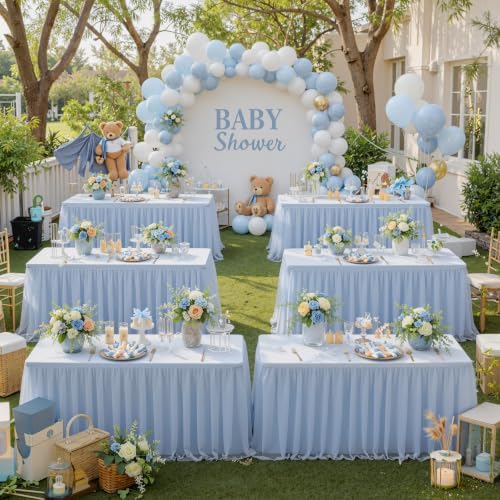 familus Dusty Blue Table Cloths 6 Foot Rectangle 2 Pack Stretch Ruffle Tulle Tablecloth Spandex Fitted Table Cover for 6 Foot Tulle Table Skirts for Party Wedding Table Cloths, Banquets - Image 2