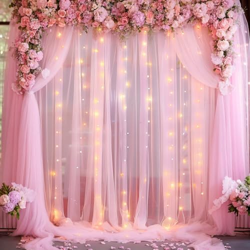 20ft x 10ft Pink Tulle Photo Backdrop Curtain with Lights String for Baby Shower Sheer Baby Pink Curtain Backdrop for Birthday Party Wedding Photo Booth Photography Background Decorations - Image 2
