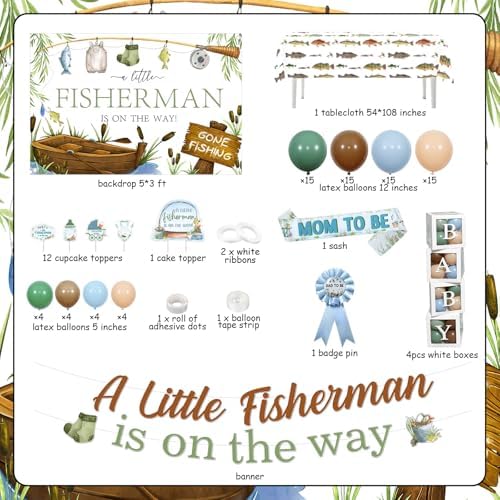 Fishing Baby Shower Decoration, A Little Fisherman is on the Way Backdrop Cupcake Cake Topper Sash Pin Box Table Cloth Latex Balloon Garland Arch Kit for Gone Fishing Baby Shower Supplies - Image 6