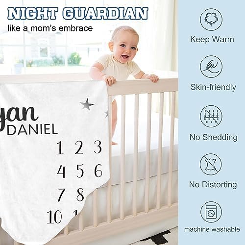 Personalized Baby Monthly Milestone Blanket Boy or Girl - Sleep Bear Months Blanket with Wood Frame and Newborn Wooden Sign - Growth Chart Milestone Blanket 1-12 Month Milestones - Image 6