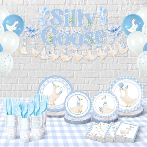 VioraWhite 183 Pcs Silly Goose Birthday Party Set Classical Blue - Image 3