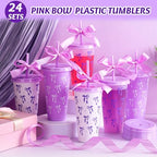 Skylety 24 Pcs Purple Bow Plastic Cups with Lid Straw and Ribbon - Image 4