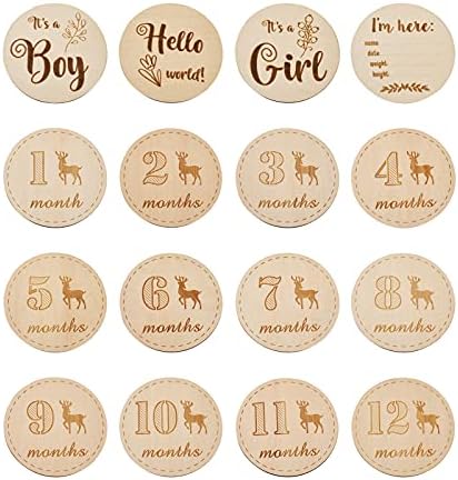 Craftdady 16pcs Wooden Baby Monthly Milestone Cards Newborn Birth Announcement Card Wood Discs for Infants Baby Showers Photography Props by Craftdady