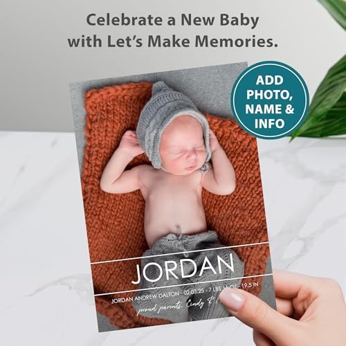 Let's Make Memories Personalized Baby Announcement Cards - Birth, Adoption - Boy, Girl - Premium Quality Custom Photo Cards for Mailing - 5x7 - Includes White Envelopes - Modern Lines - 50 ct - Image 2