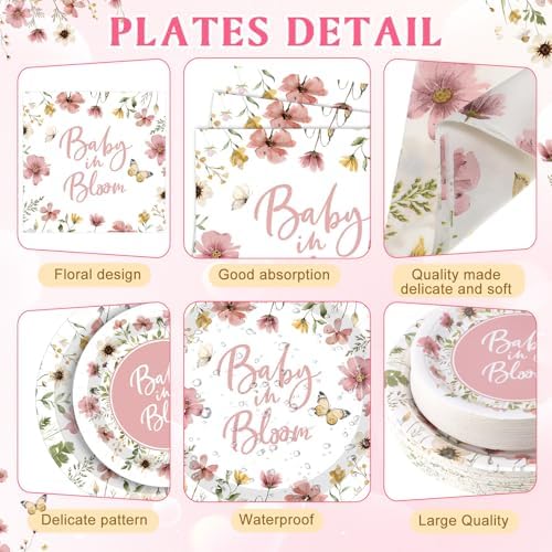 Funnymoom 400 Pcs Baby in Bloom Party Supplies for 50 Guests Pink Floral Baby Shower Paper Plates and Napkins Knives Spoon Fork Cup Disposable Wildflower Dinner Party for Spring Greenery Favor - Image 2