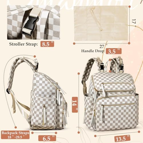 Omanmoli Checkered Diaper Bag Backpack Large Baby Diaper Bag Leather with 17 Diaper Bag Organizing Pouches,Changing Pad,Stroller Straps,4 Insulated Pockets,Beige&Honey - Image 5
