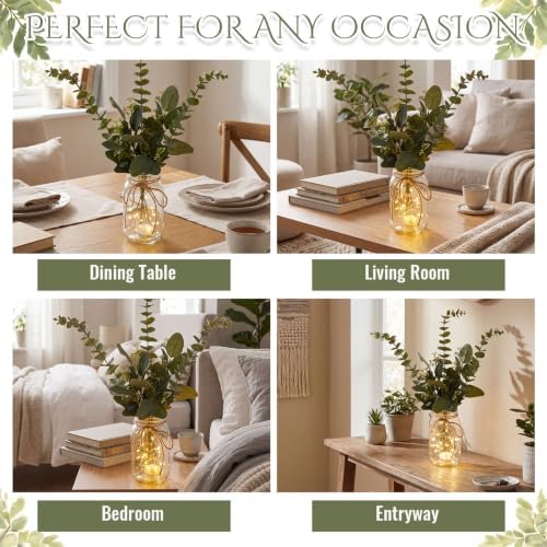 4 Sets Eucalyptus Mason Jar Centerpiece with LED Lights for Wedding - Image 5