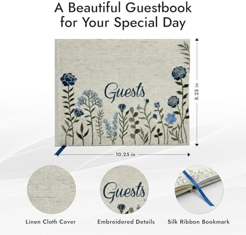 Linen Floral Embroidered Photo Wedding Guest Book - Dusty Blue Guestbook - Image 2