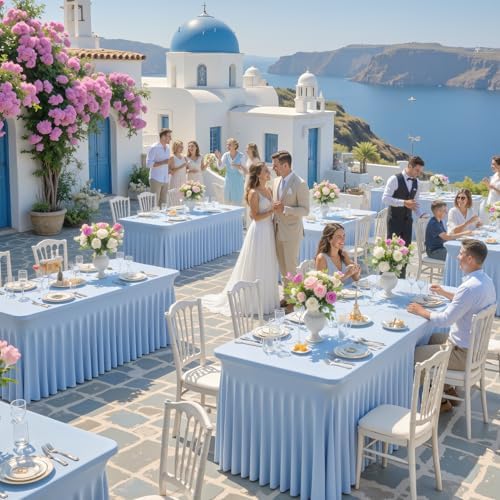 Baby Blue Table Cloth for 8 Foot Rectangle Tables Fitted Stretch Spandex Table Cover with Skirt 8ft Baby Shower Birthday Party Banquet Ruffle Tablecloth Wedding Table Cloths Desk Skirt, 2 Pack - Image 3