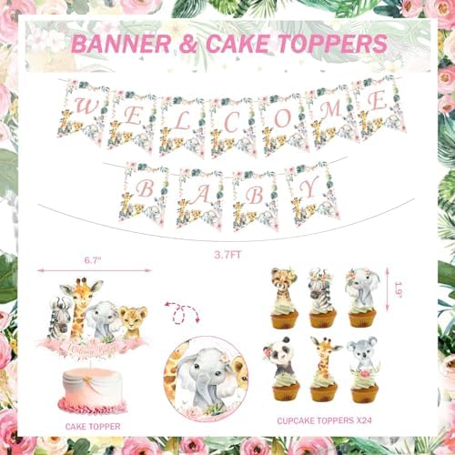 147 PCs Safari Baby Shower Decorations for Girl, Party Inspo Jungle Themed Baby Shower Décor Backdrop Balloon Garland Artificial Leaves Banner Tablecloth Cake Cupcake Topper Boxes Cutout Deer Pink - Image 3