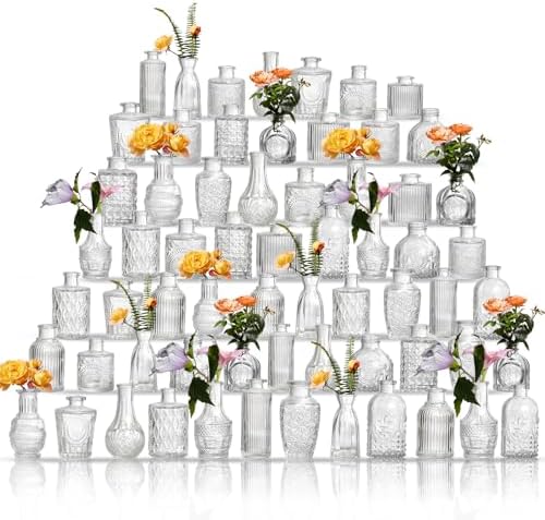 Glass Bud Vases Set of 64 - Assorted Small Mini Glass Vases for Flowers, Crystal Vintage Vase Set, Bulk Centerpieces for Table Décor, Wedding, Home and Events (Clear, 64 Pcs) by Unknown