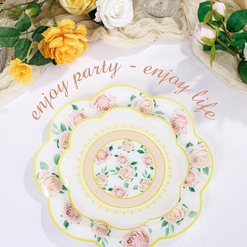 LIYH 24Pcs Gold And Pink Plastic Plates Floral Dinnerware Set For 12 Guests - Image 3