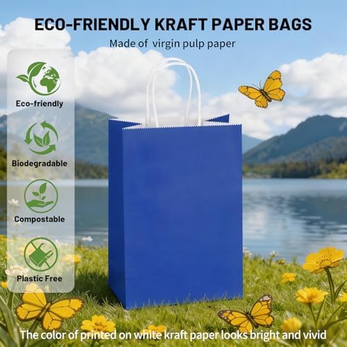 Mlyta 100 Pack 5.25x3.25x8.5 Inch Small Royal Blue Kraft Paper Gift Bags with Handles Bulk for Goodie Party Favor Brithday Grocery Shopping Business Wedding Retail Craft Treat To Go, Merchandise Sacks - Image 6