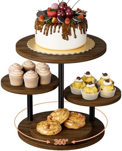 Cupcake Holder for 50 Cupcakes Wood Cake Stand with 4 Tiered Serving Tray 360°Rotating Dessert Stands Round Cookie Trays for Parties Wedding Baby Shower Afternoon Tea Dessert Table, Walnut by Unknown