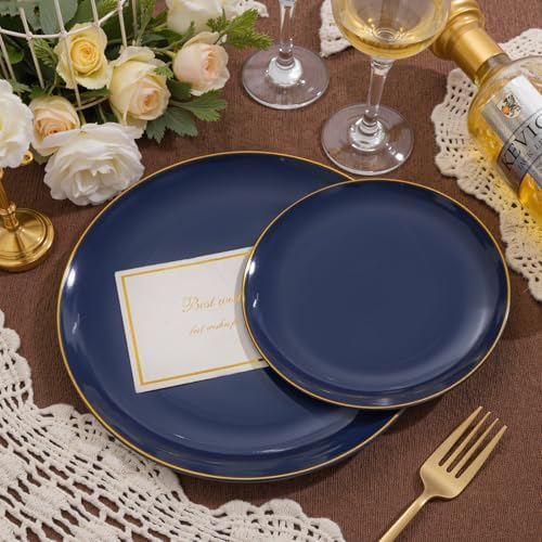 bUCLA 200PCS Blue Plastic Plates - Navy Blue Disposable with Gold Rim Include 100 Each (10 inch Dinner & 7 inch Dessert) Plates, Ideal for Party & Labor Day - Image 6