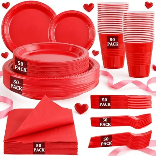 MirthMood 350PCS Red Disposable Plastic Plates,Red Dinnerware Set by LUODA