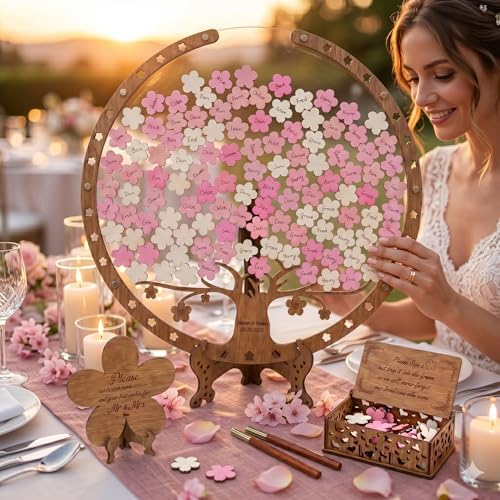 Wedding Guest Book Alternative Wooden Cherry Blossom Tree Drop Chip Sign-In - Image 2