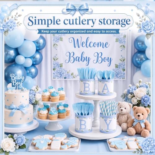 Domensi 204 Pcs Baby Shower Disposable Cutlery Set Utensil Holders, Blue - Image 5
