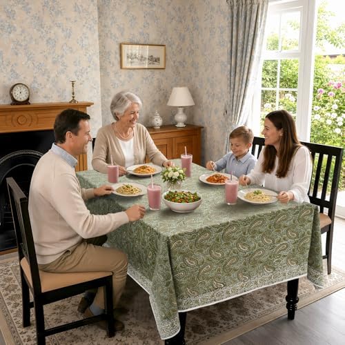 Ridhi Block Print Nostalgic Naturals Rectangle Cotton Tablecloth 160" x 72" Reusable Table Cover Decorative Everyday Use for Dining, Farmhouse, Home Gift for Spring, Easter, Valentine - Image 3