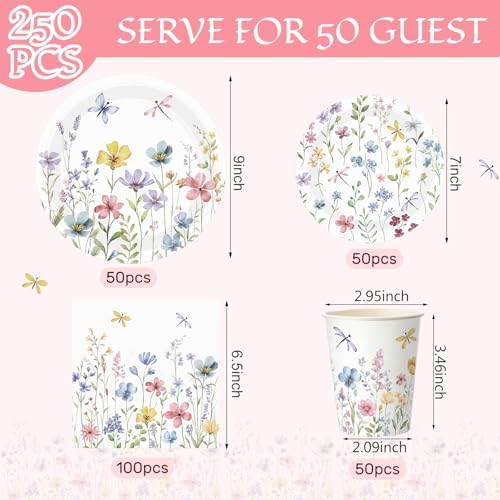 Pickmesh 250 Pcs Spring Floral Disposable Tableware Set Wildflower Butterfly Disposable Paper Plates Napkins and Cups for Baby Bridal Shower Birthday Wedding Baby in Bloom Garden Tea Party Supplies - Image 2
