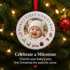 BANBERRY DESIGNS Baby’s First Christmas Picture Ornaments 2026 Set of 3 – Newborn Photo Frame Christmas Ornaments, Holds 2 Inch Baby Pictures – 3.5 Inch Round Keepsake with Easel Back and Tree Hanger - Image 6