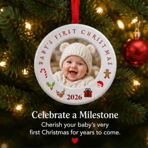 BANBERRY DESIGNS Baby’s First Christmas Picture Ornaments 2026 Set of 3 – Newborn Photo Frame Christmas Ornaments, Holds 2 Inch Baby Pictures – 3.5 Inch Round Keepsake with Easel Back and Tree Hanger - Image 6