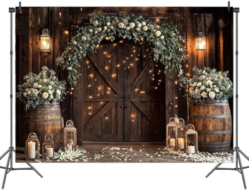 8 x 6 ft Wedding Rustic Barn Door Backdrop Country White Roses Vintage Farmhouse Wooden Photography Backdrop Cabin Wooden Birthday Baby Shower Wedding Bridal Party Photo Booth Studio Prop - Image 3