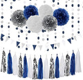 Navy Blue White Silver Party Decorations Kits 27pcs-Paper Flowers,Banner Flags,Tassel Garland Birthday Bachelorette Boy Baby Shower Gender Reveal Graduation 2022 Decorations Lasting Surprise by LastingSurprise