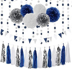 Navy Blue White Silver Party Decorations Kits 27pcs-Paper Flowers,Banner Flags,Tassel Garland Birthday Bachelorette Boy Baby Shower Gender Reveal Graduation 2022 Decorations Lasting Surprise by LastingSurprise