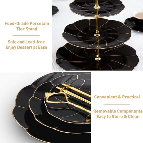 DUJUST Luxury Larger 3-Tier Cupcake Stand Tower, British Style Porcelain Serving Tray with Golden Trim, Food Grade Dessert Display Stand for Tea Party & Home Décor - 45% Black Larger Plates - Image 4