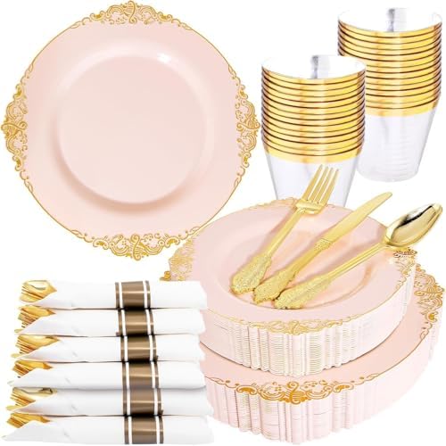 Nervure 175Pcs Pink Plastic Plates, Disposable Party Plates for 25 Guests by Nervure